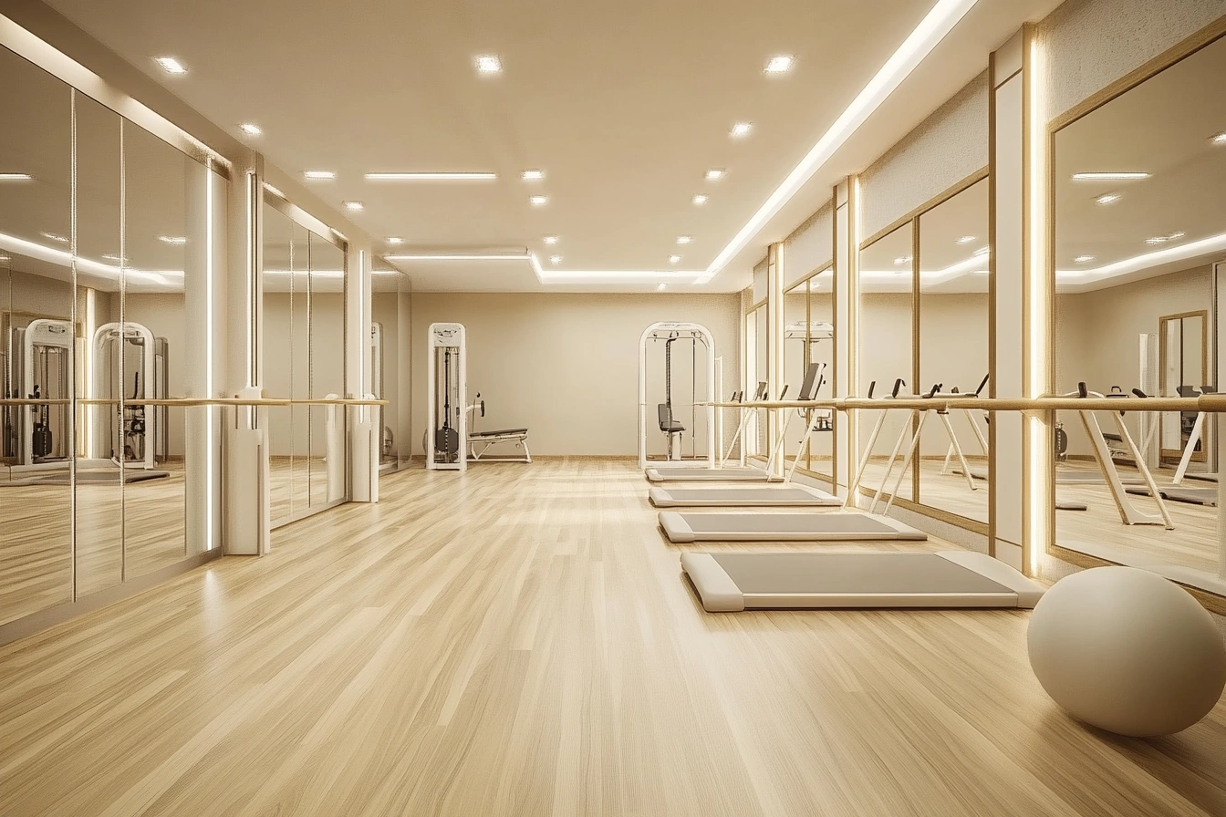 Просторий зал для групових занять з дерев'яною підлогою та дзеркалами