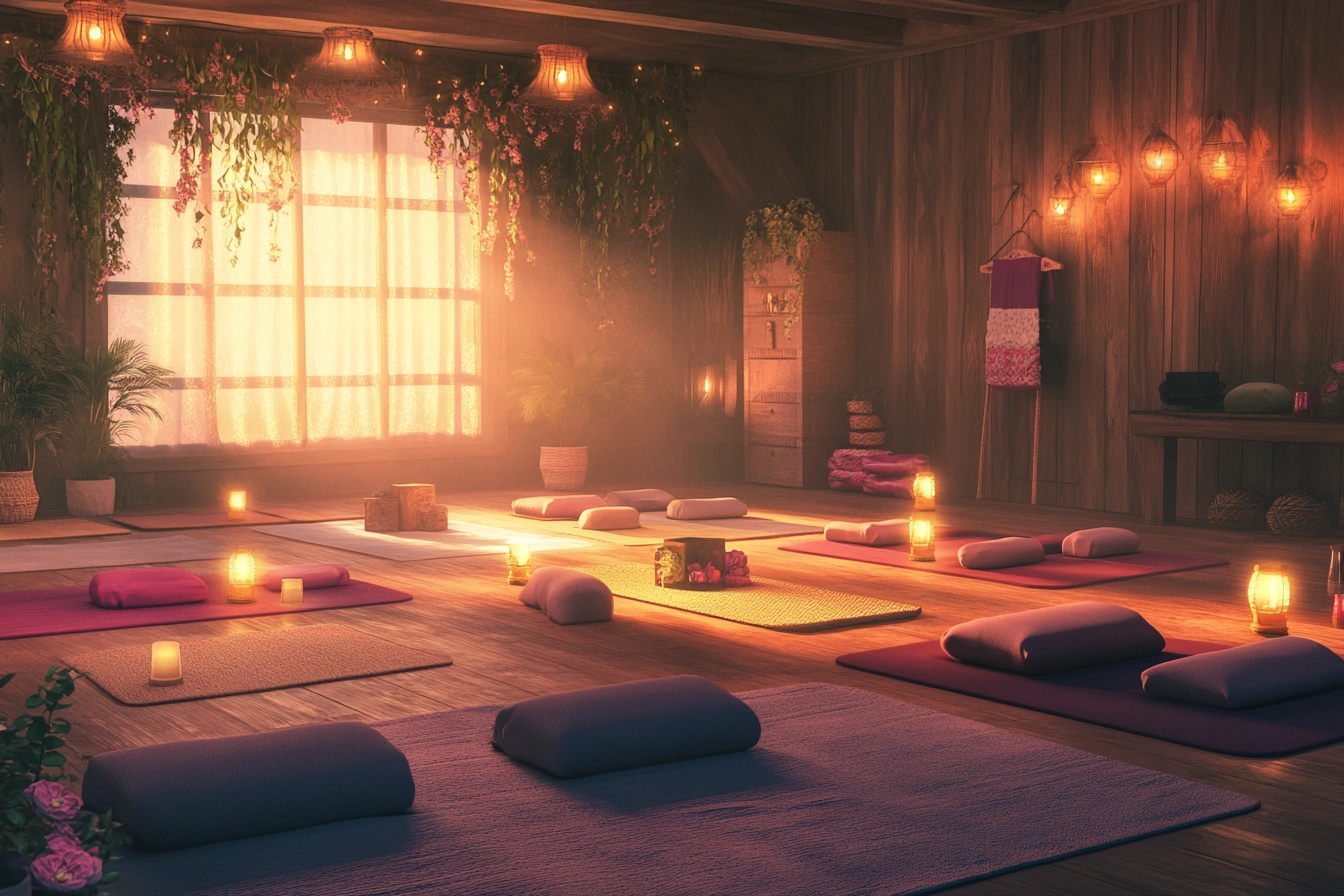 Зона для занять йогою з килимками та м'яким освітленням