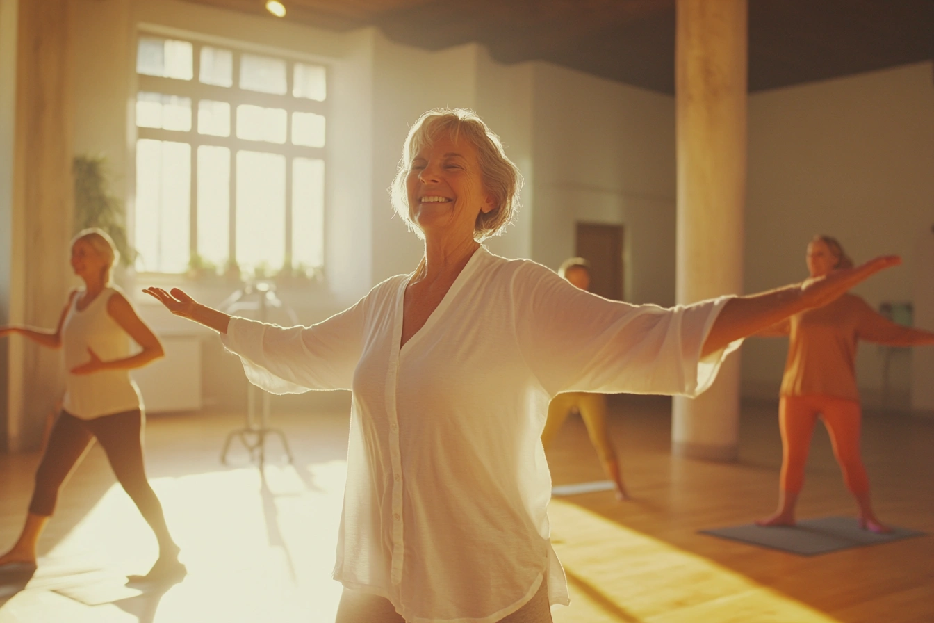 Активні та щасливі літні люди на заняттях з фітнесу